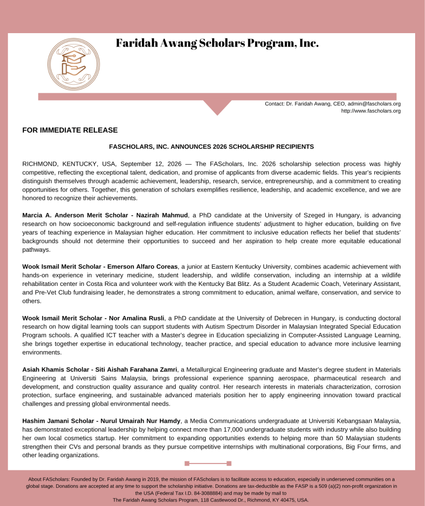 2026 FAScholars Recipients Press Release